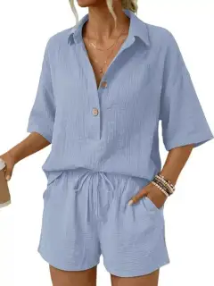 Drawstring Button-Front Linen Top and Shorts Matching Set