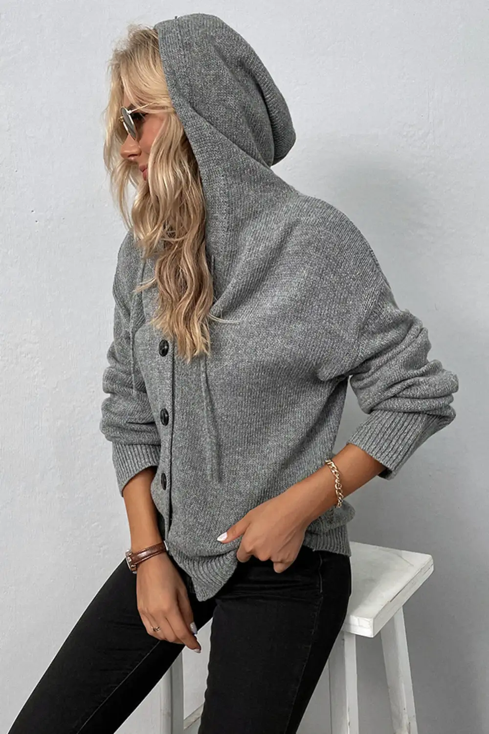Drawstring Hooded Button Front Drop Shoulder Cardigan