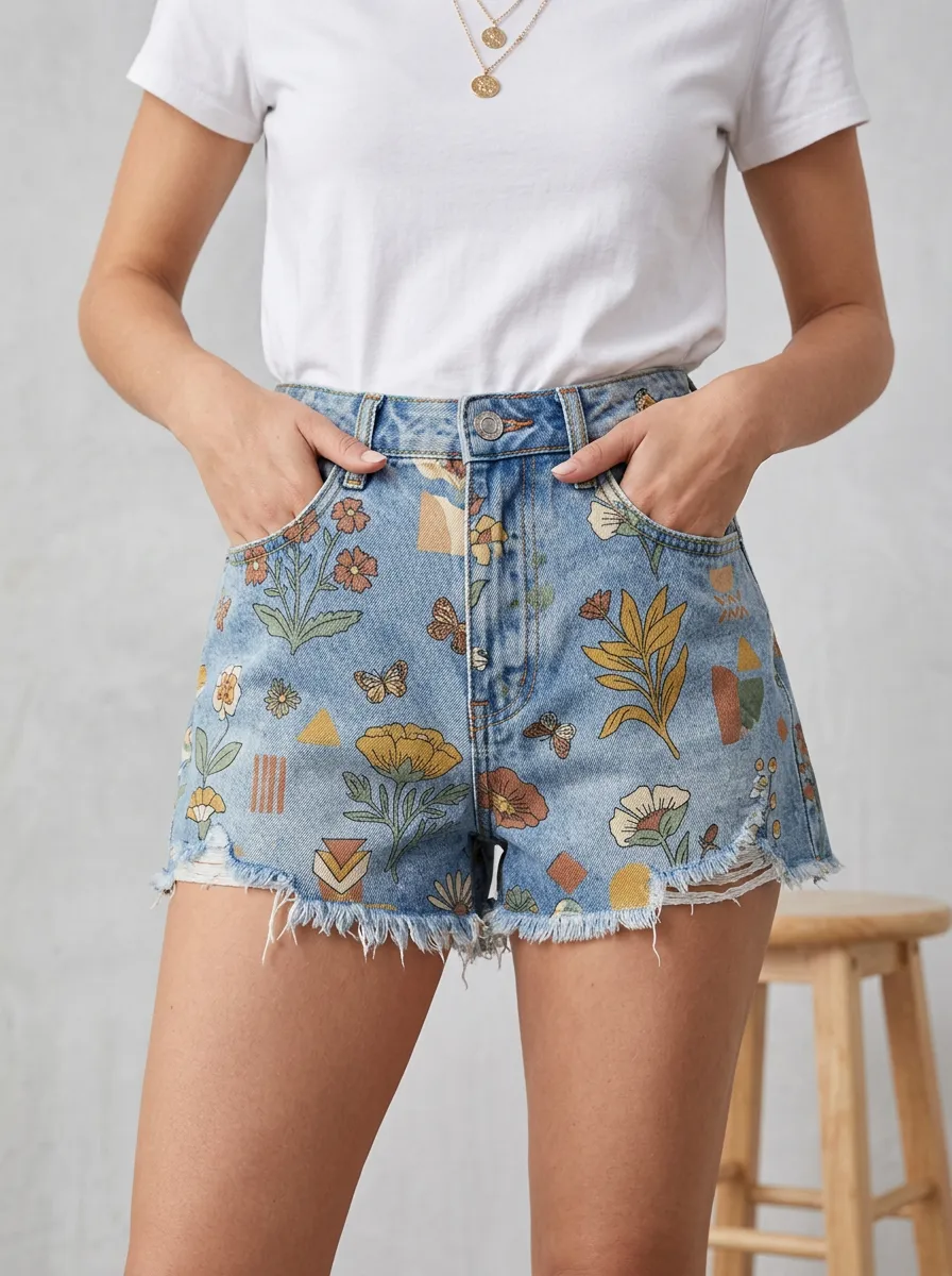 Women's Boho Floral Butterfly Printed Denim Shorts
