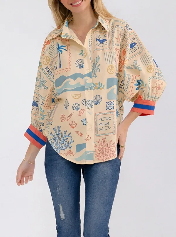 Women's Summer Beach Nautical Ocean Life Printed Button-up Shirt