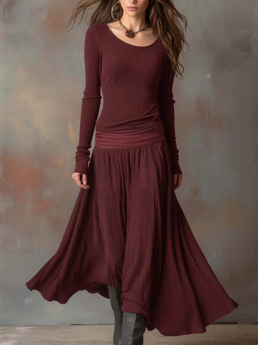 Vintage Ribbed Knit Maxi Dress In Charcoal Gray