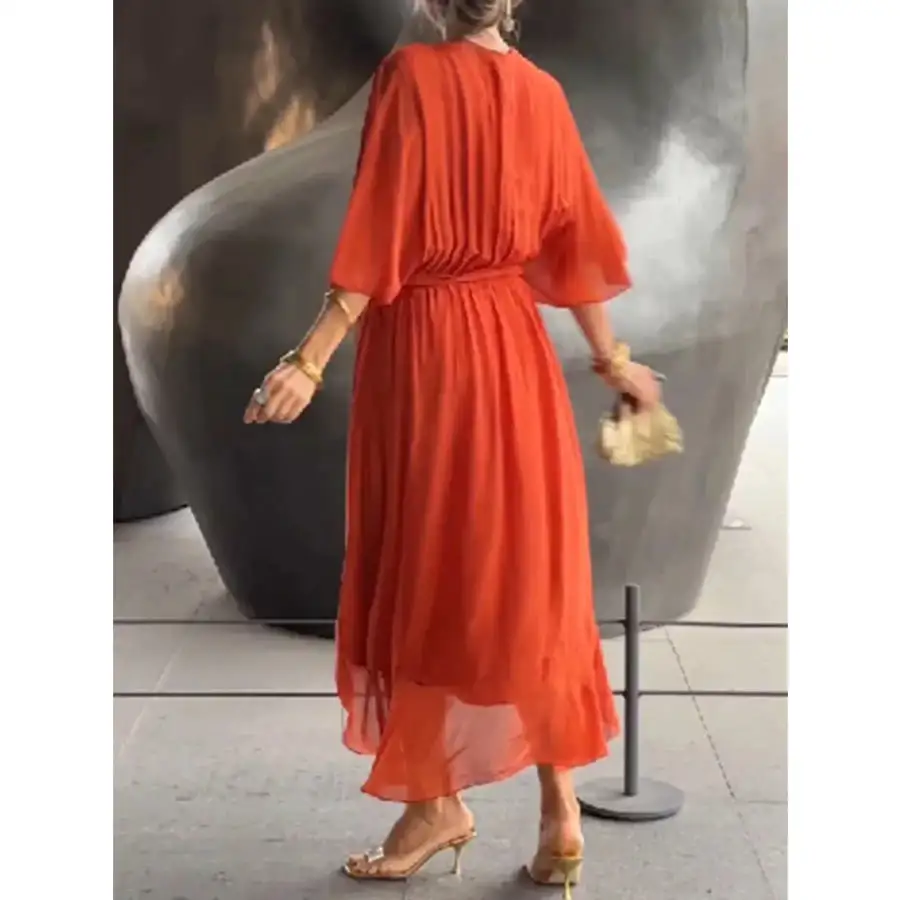 Full Size Flowy Tie Front Midi Dress with Flutter Sleeves Plus Size