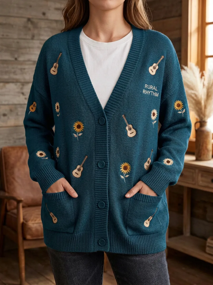 Guitar Sunflower Embroidered Women's Country Music Casual Cardigan