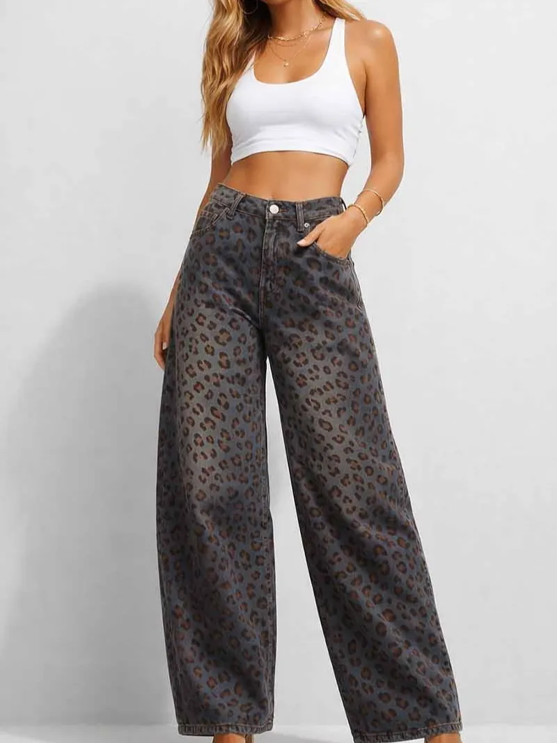 Jacquard Button Waist Barrel Leg Denim Pants