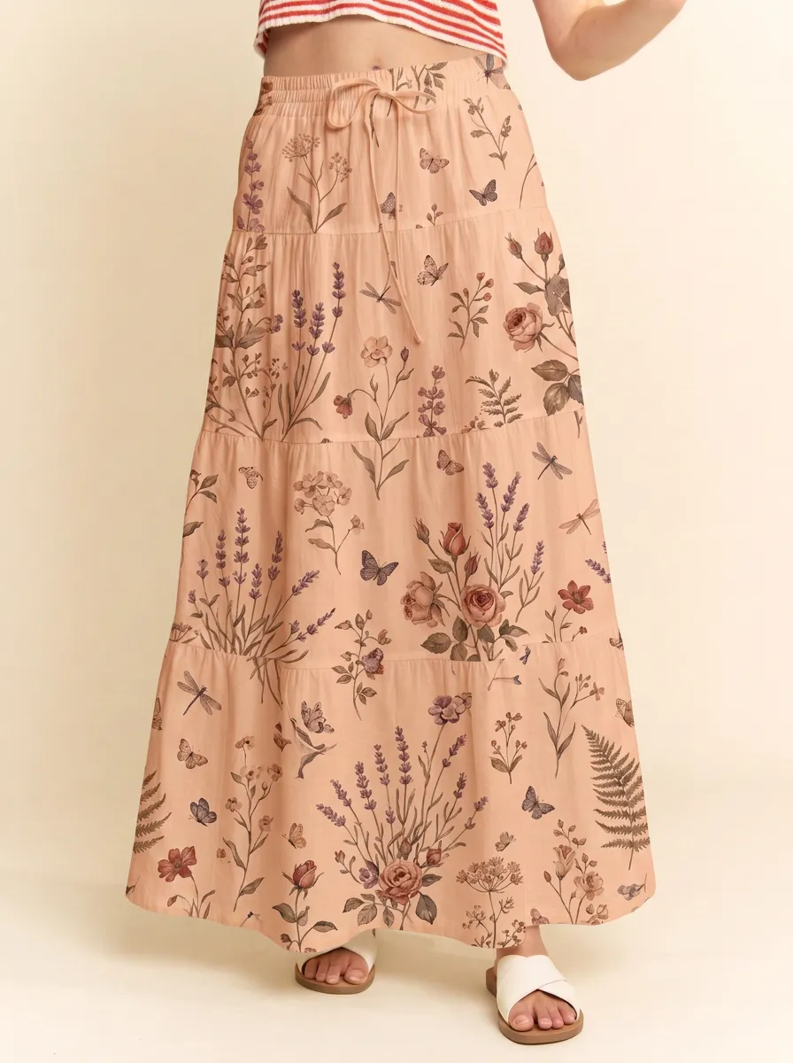 Women's Botanical Garden Butterfly Lavender Printed Maxi Skirt
