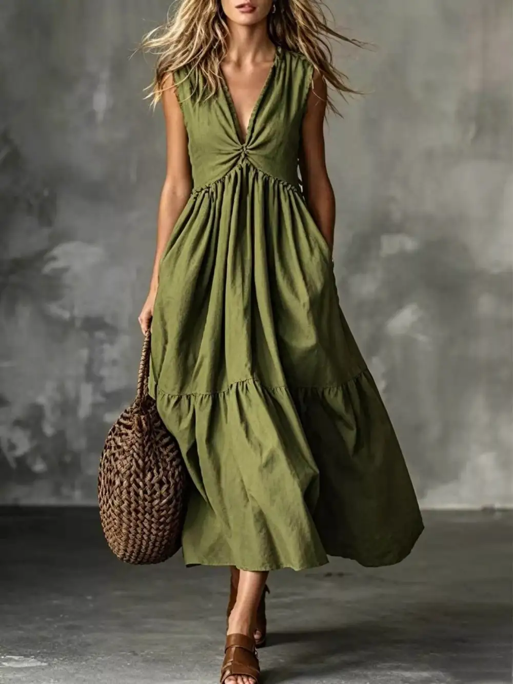 Tiered V-Neck Midi Dress