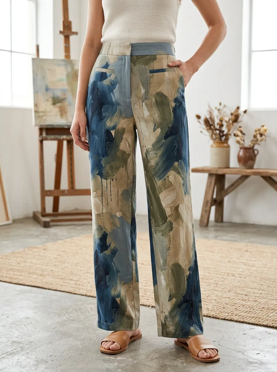 Women's Abstract Art Lover Blue Beige Brushstroke Printed Pants