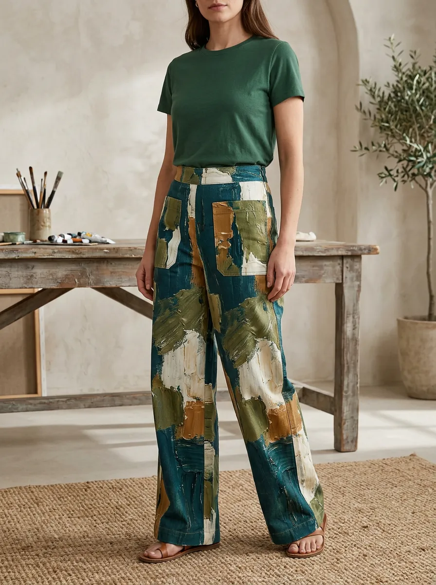 Women's Flowing Abstract Oil Painting Art Printed Wide Leg Pants