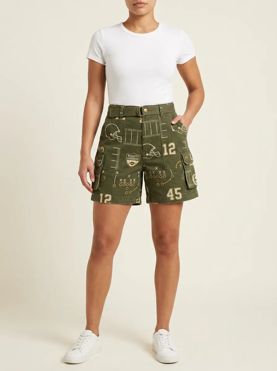 Women's Football Fan Varsity Playbook Printed Cargo Shorts