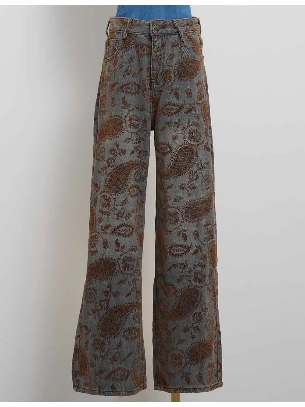 Flocked Paisley Jacquard Button Waist Wide Leg Denim Pants