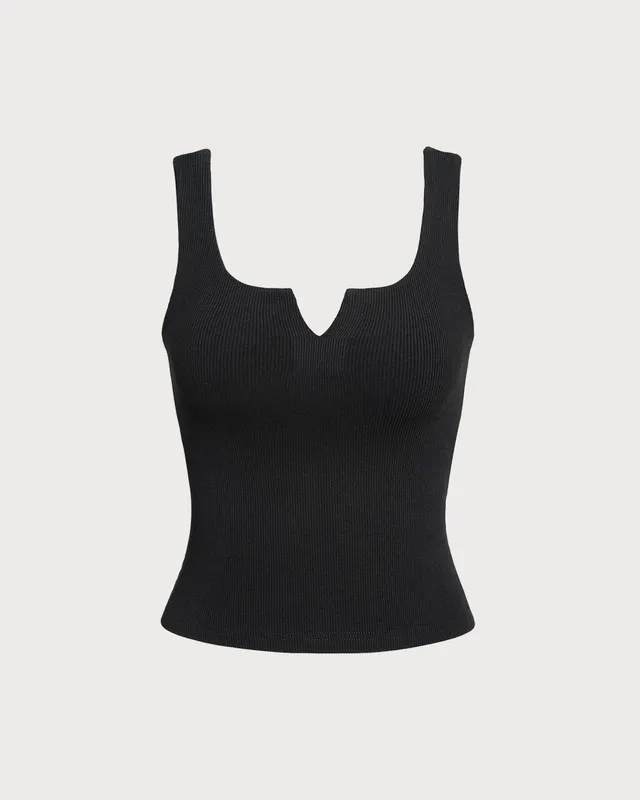 Black V Neck Ribbed Knit Tank Top