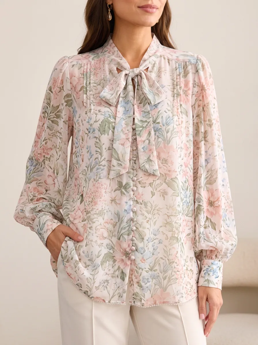 Women's Vintage Floral Bow Tie Printed Blouse