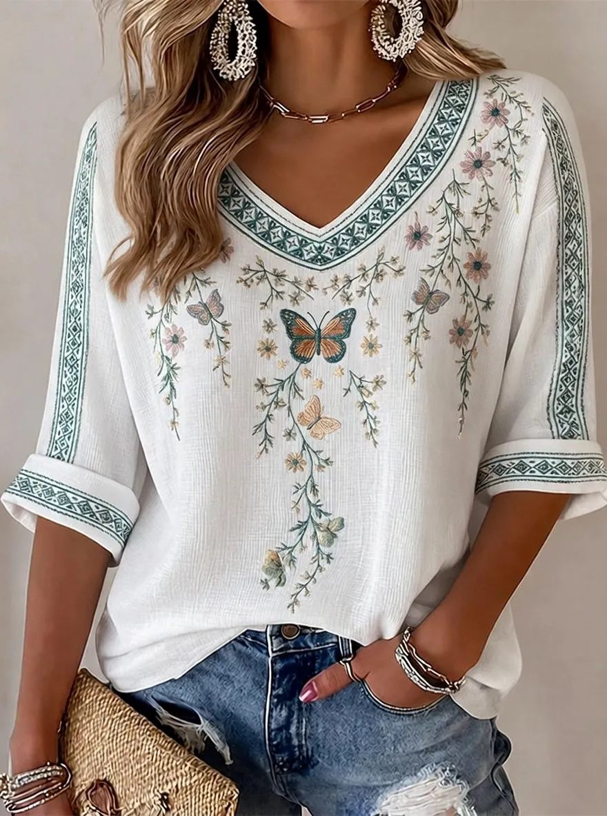 Women's Floral Butterfly Bohemian Printed Short Sleeve T-shirt