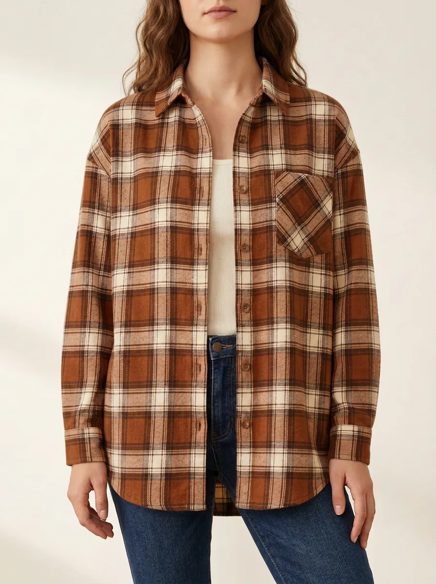 Relaxed Printed Plaid Checkered Plaid Long-Sleeve Shirt
