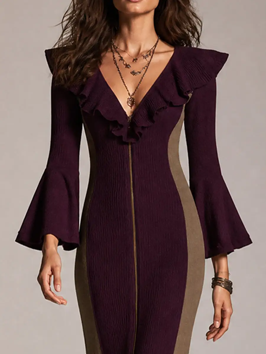 Burgundy Colorblock Ruffle Zip Knit Dress