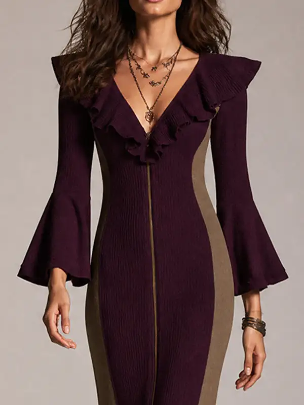 Burgundy Colorblock Ruffle Zip Knit Dress