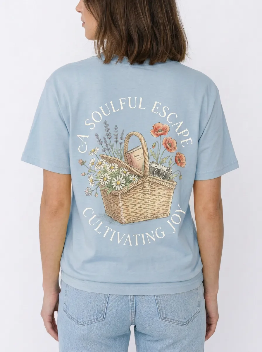 Women's Picnic Lover Flower Basket Camera Printed T-shirt