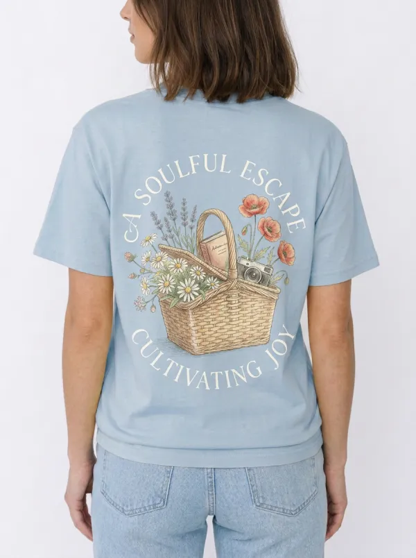 Women's Picnic Lover Flower Basket Camera Printed T-shirt