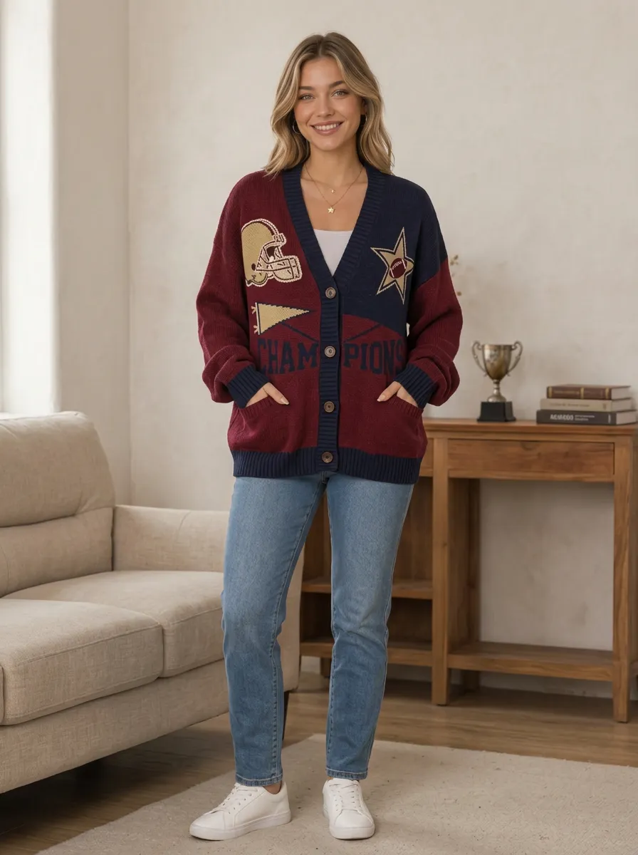 Women's Football Fan Champion Helmet Star Pattern Knitted Cardigan