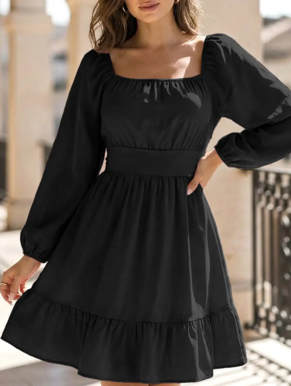 Square Neckline Ruffled Tie Up Mini Dress
