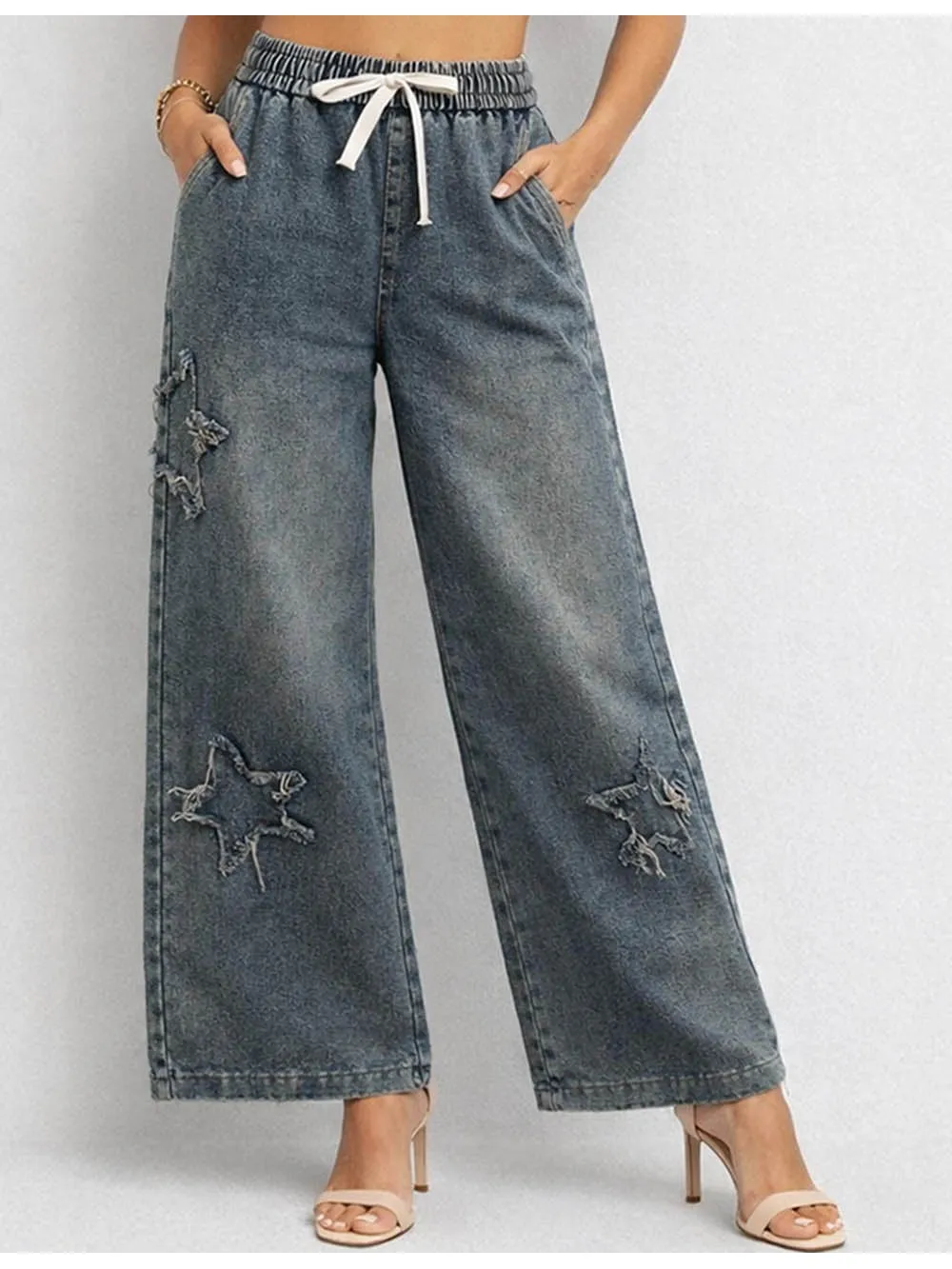 Star Distressed Drawstring Waist Wide Leg Denim Pants