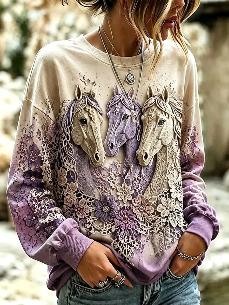 Ladies' Western style horse patterned retro hoodie