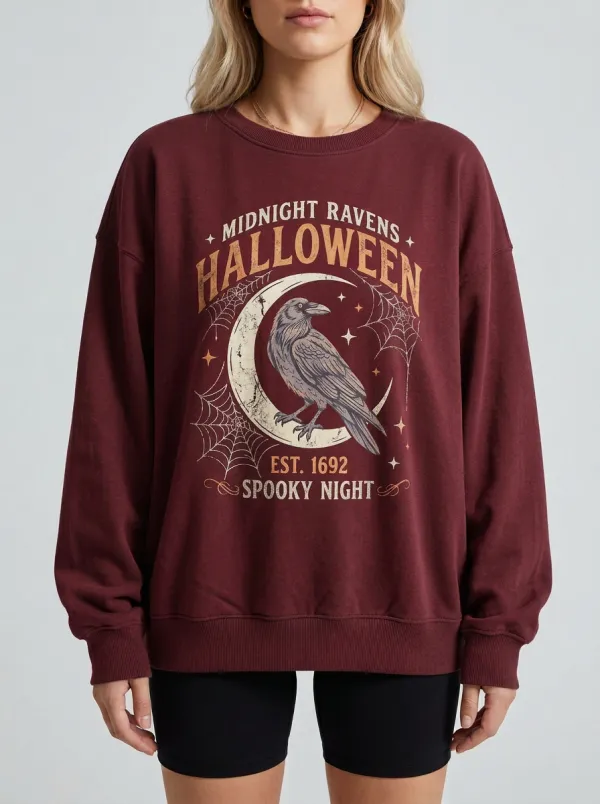 Women's Halloween Raven Moon Spiderweb Printed Sweatshirt
