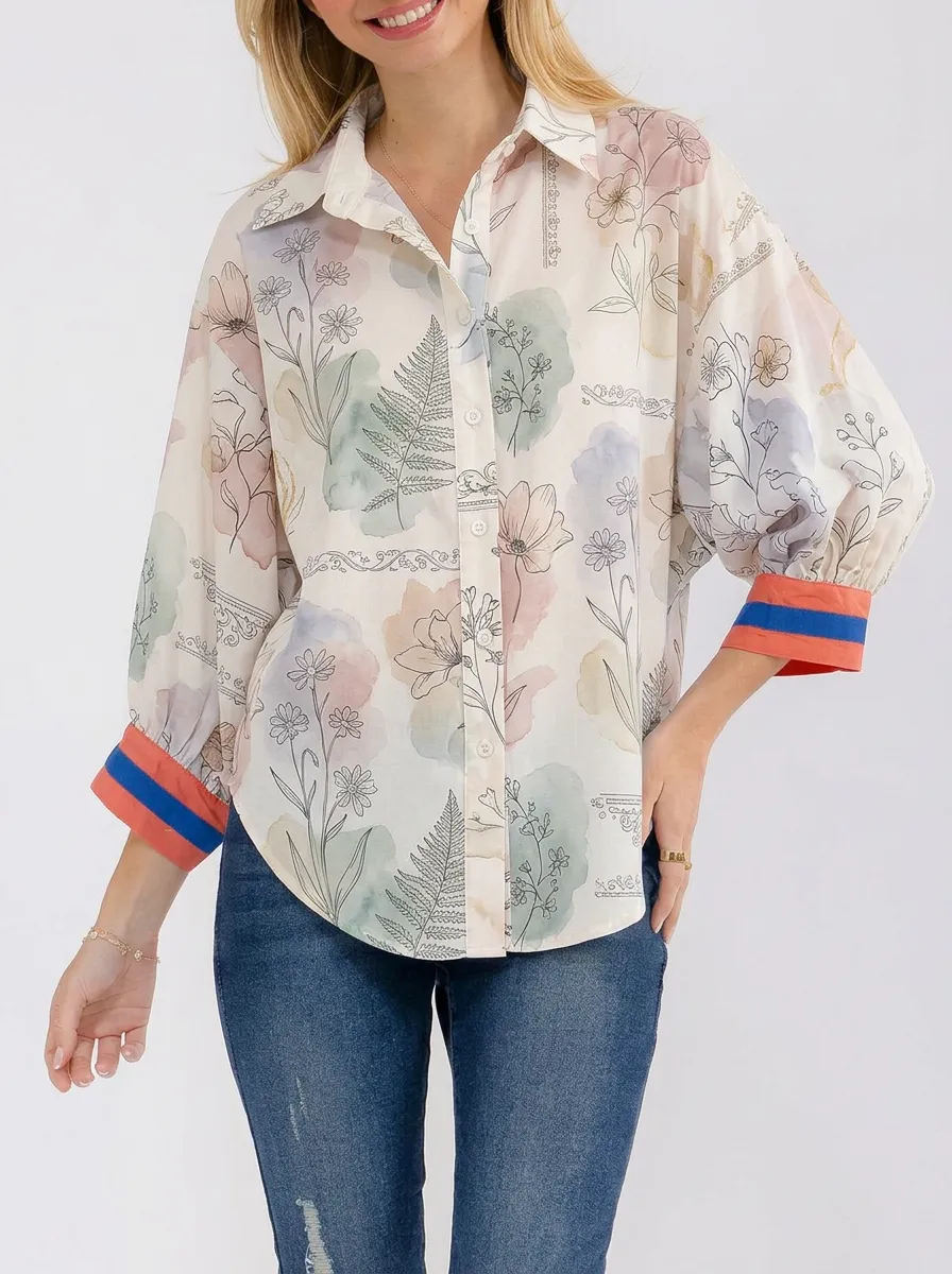 Women's Botanical Watercolor Floral Fern Printed Button-Up Shirt