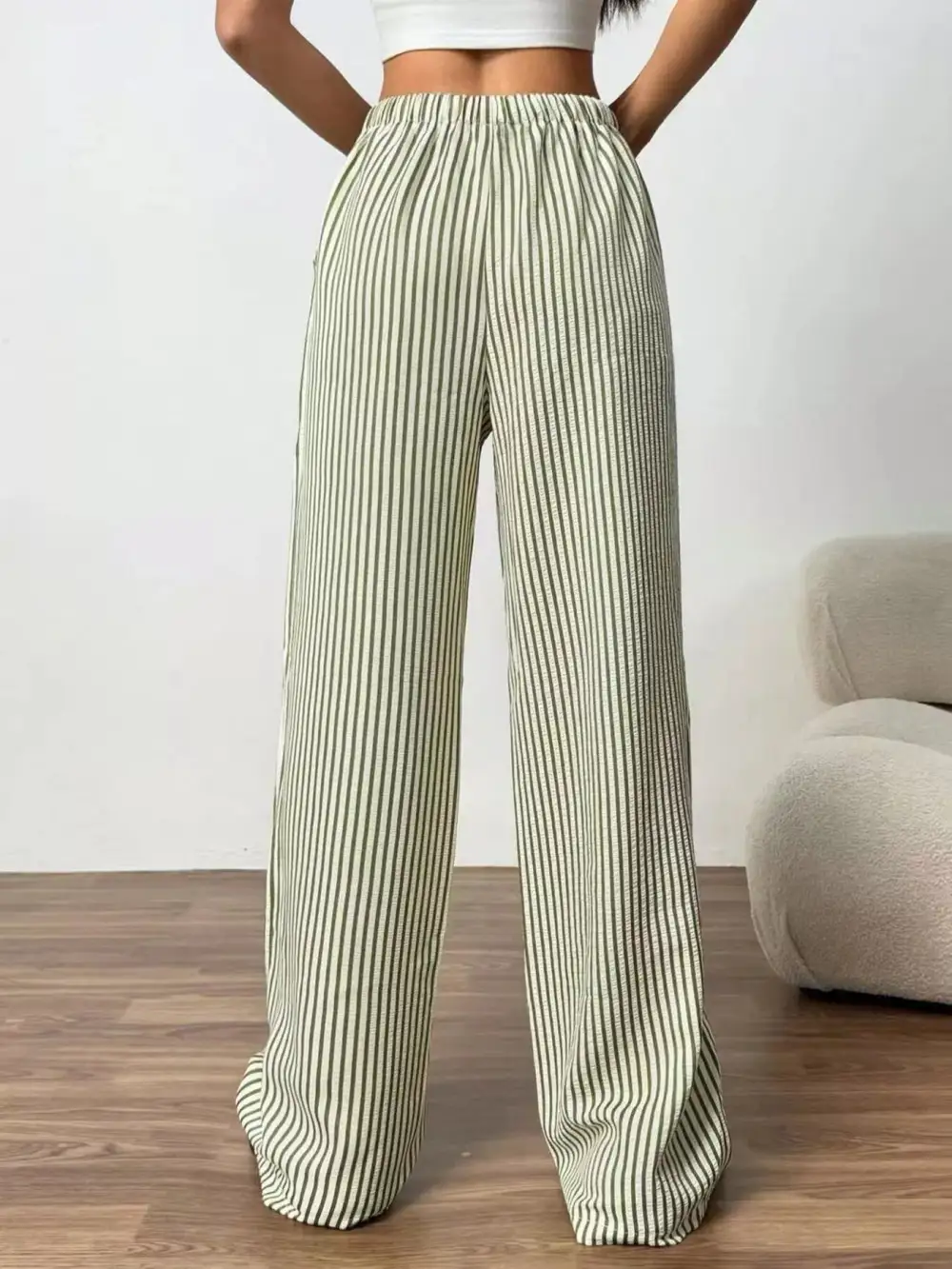 Full Size Striped Drawstring Waist Wide Leg Pants Plus Size