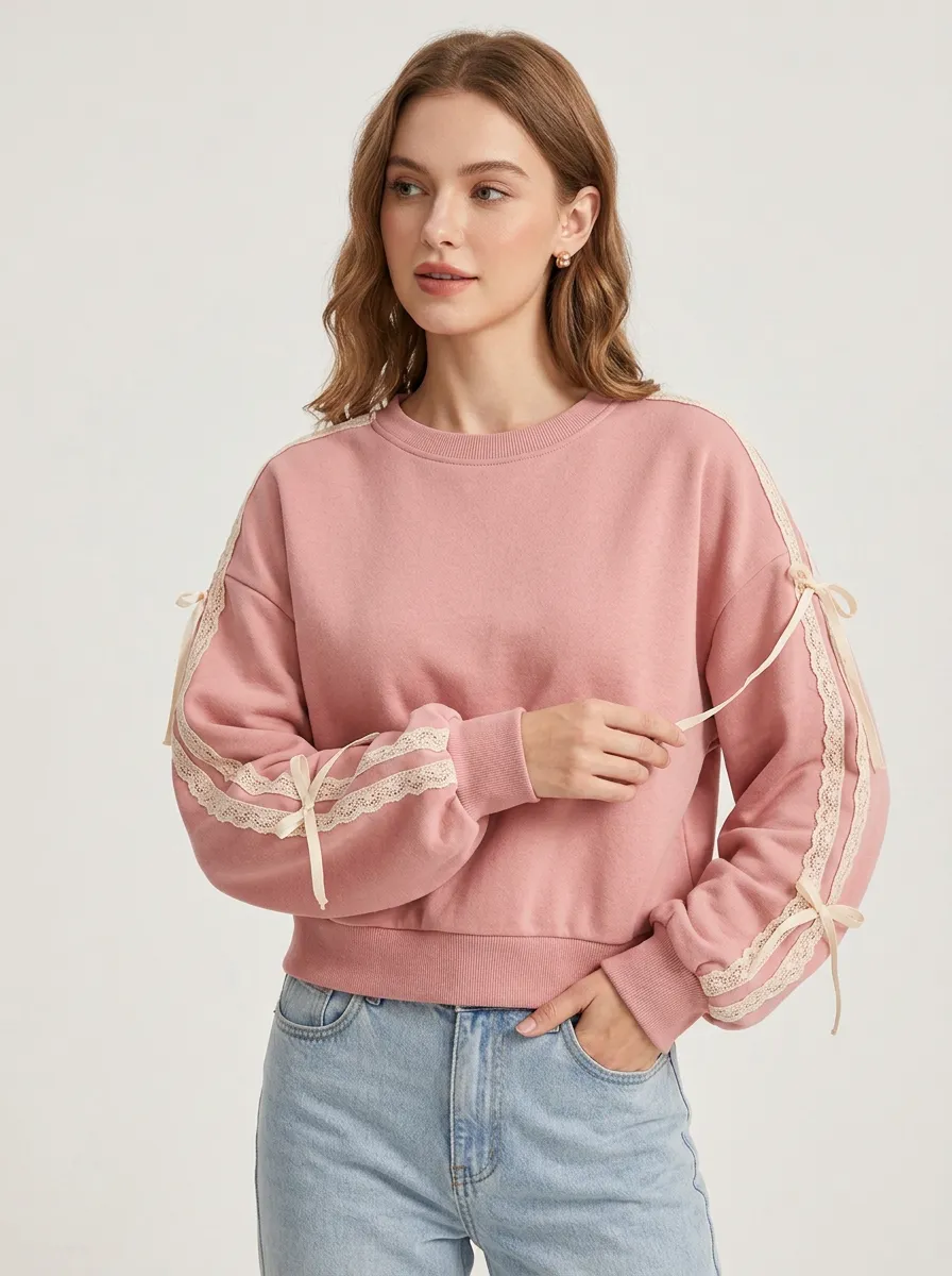Women's Pink Aesthetic Lace Trim Bowknot Detailed Sweatshirt