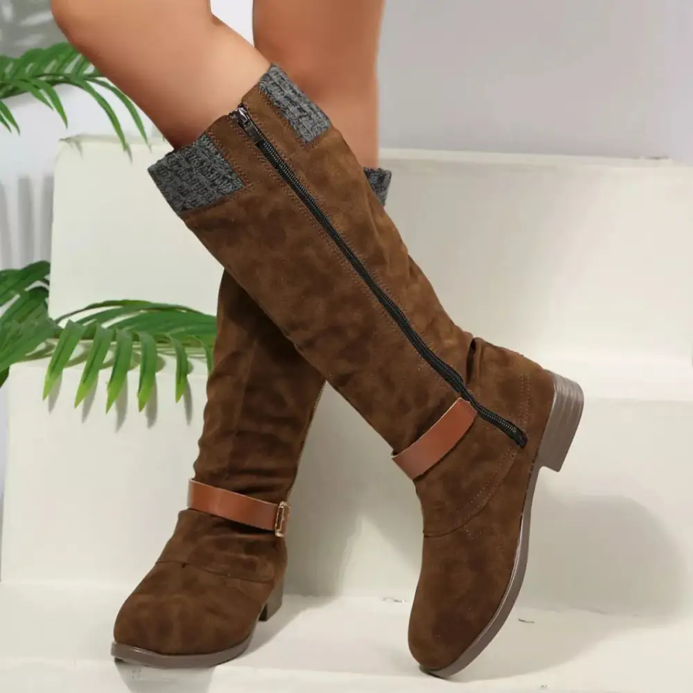 Ruffled Round Toe Block Heels Boots