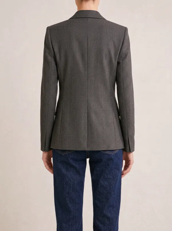 Women's Business Casual Grey Plaid Double-Breasted Blazer Jacket