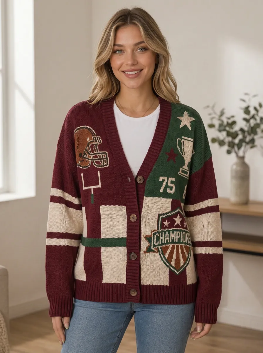 Women's Weekend Gridiron Helmet Trophy Ball Knit Cardigan