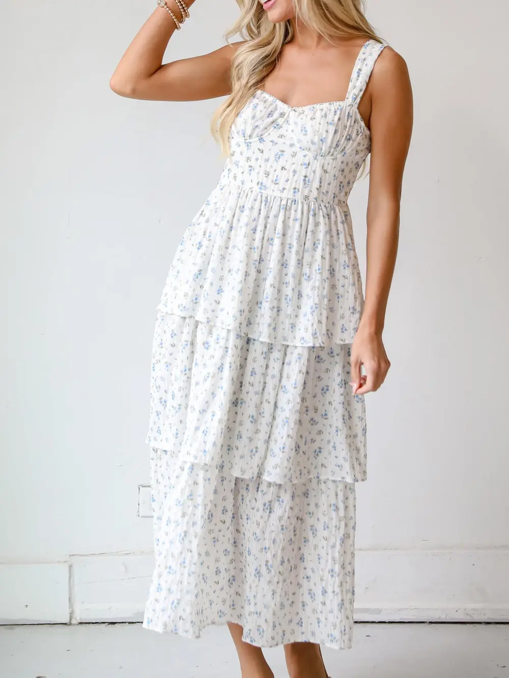 Ivory Floral Tiered Midi Dress