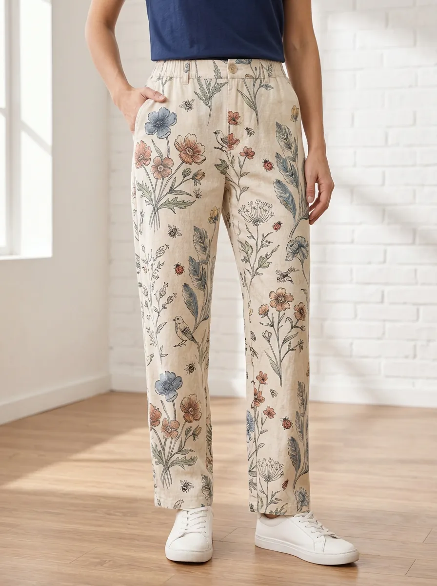 Women's Nature Lover Floral Bird Insect Printed Pants