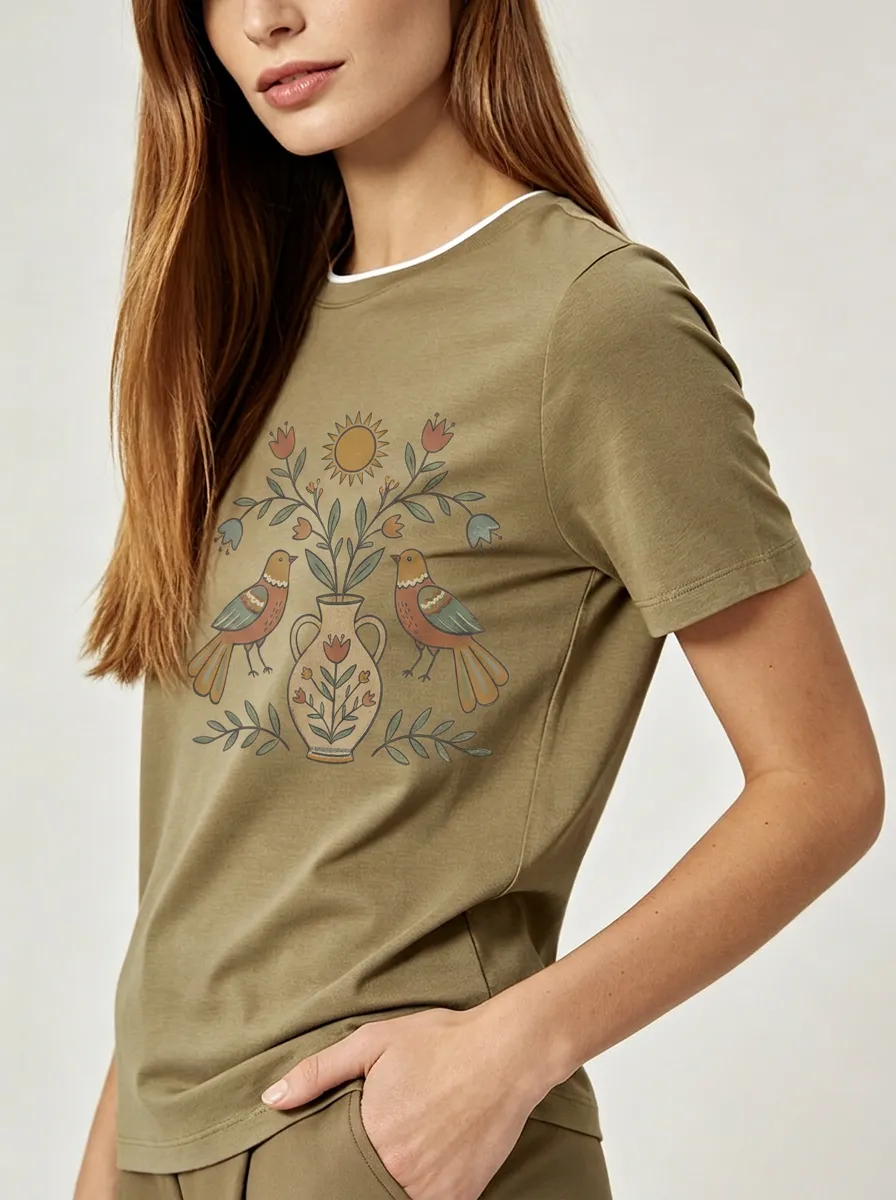 Women's Nature Lover Bird Vase Floral Sun Printed T-shirt