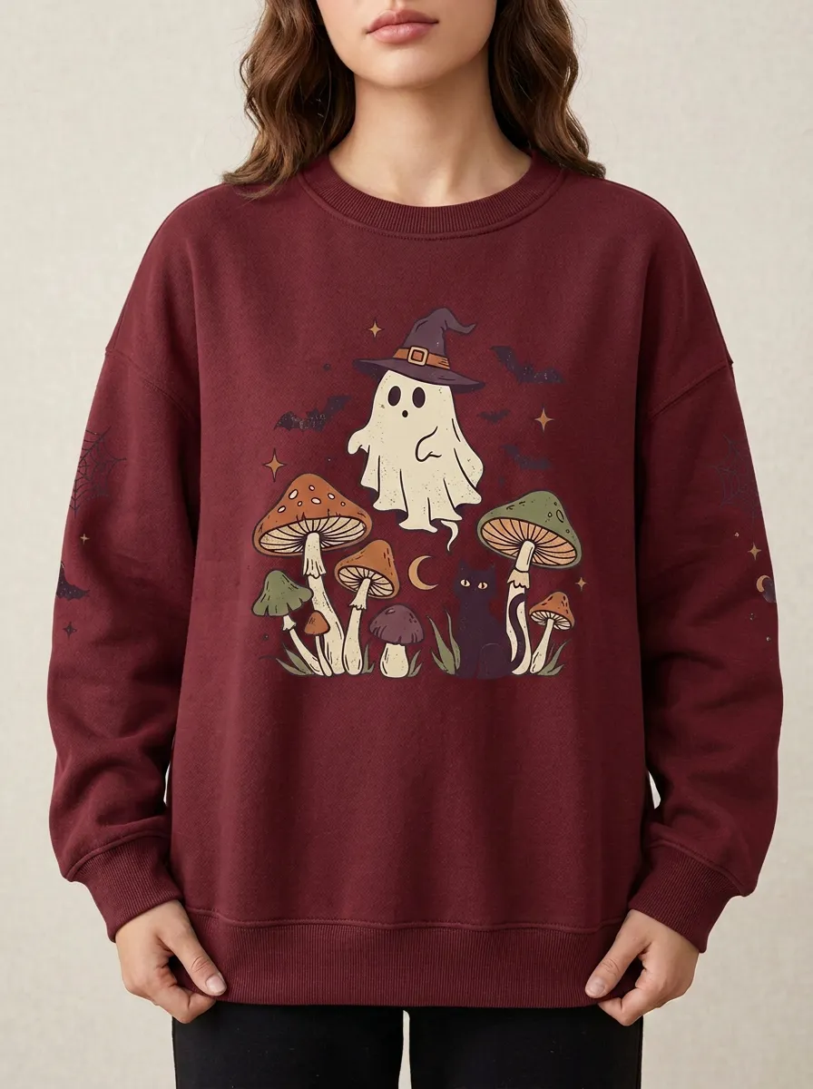 Women's Halloween Ghost Mushroom Black Cat Printed Sweatshirt