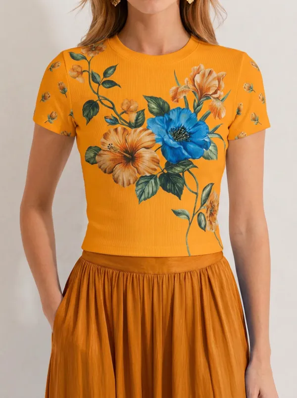 Women's Floral Lover Blue Hibiscus Printed Ribbed T-shirt