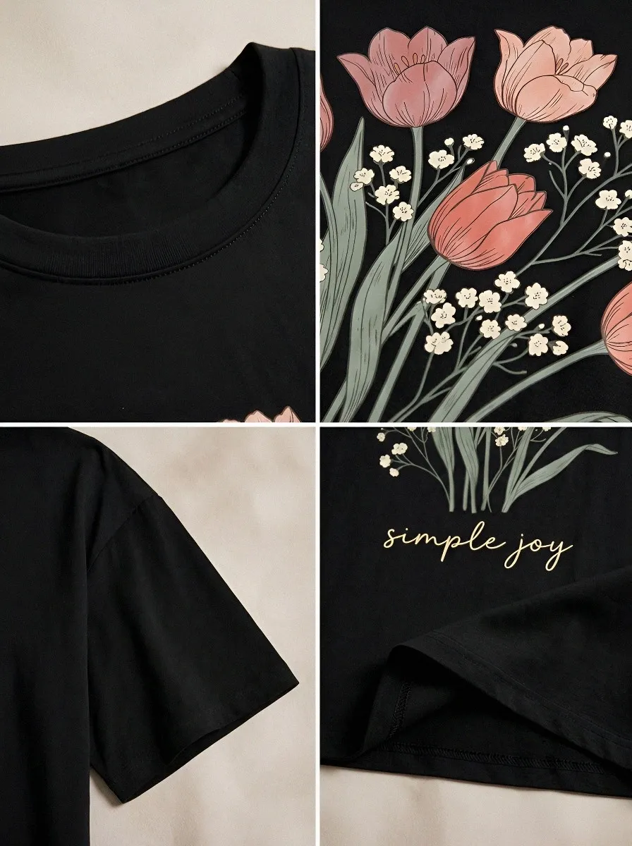 Women's Floral Lover Simple Joy Tulip Bouquet Printed T-shirt