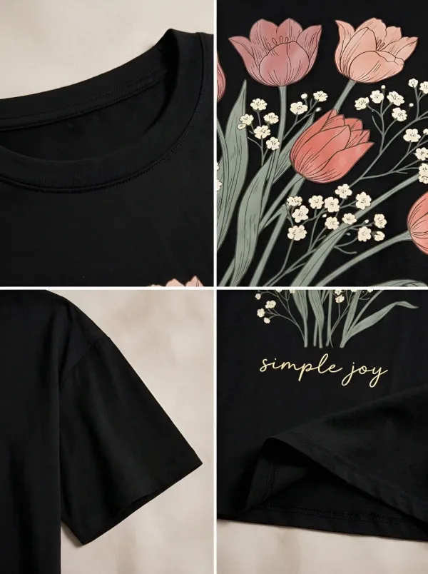 Women's Floral Lover Simple Joy Tulip Bouquet Printed T-shirt