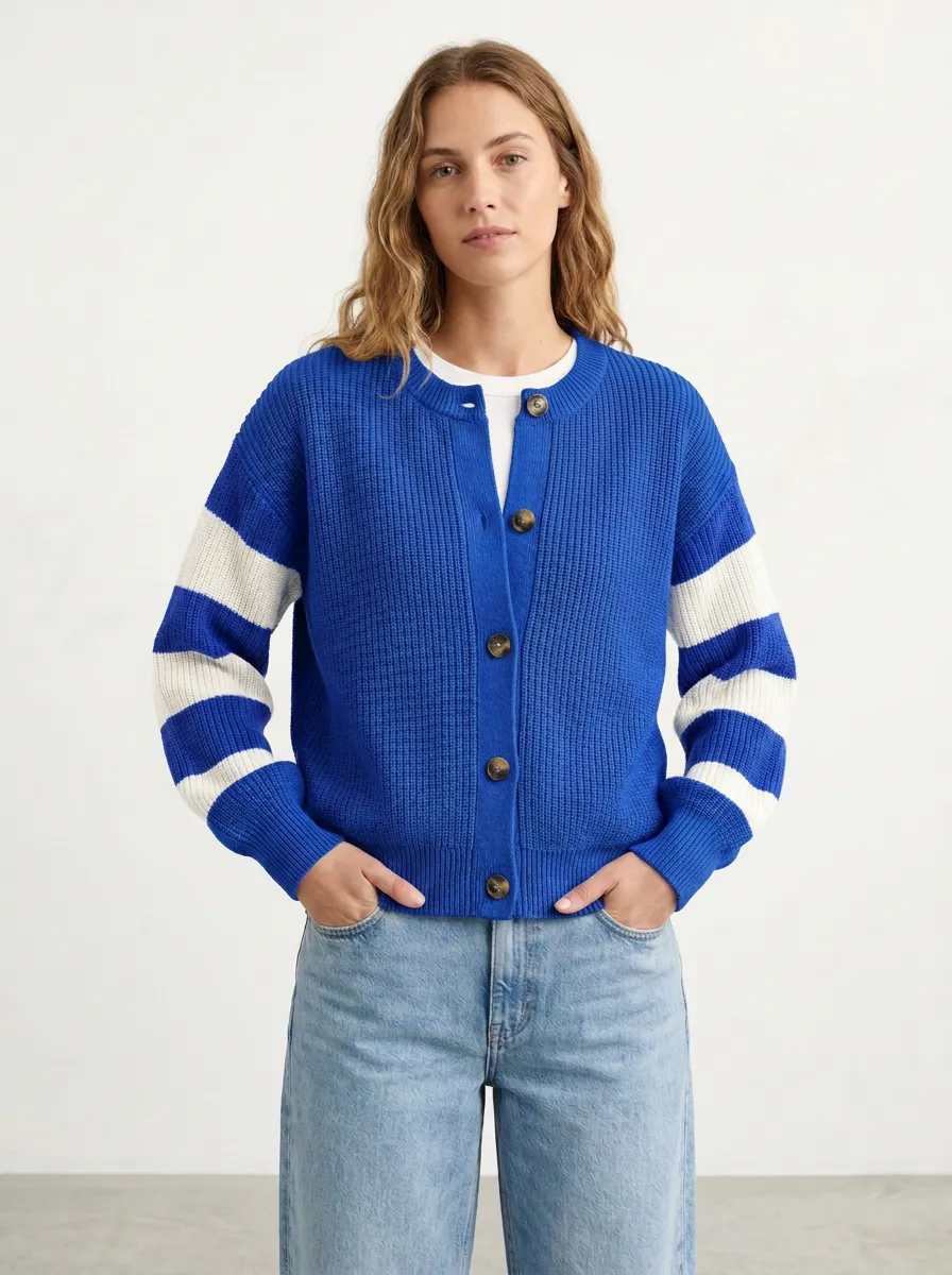 Striped Sleeve Rugby Striped Sleeve Knit Cardigan