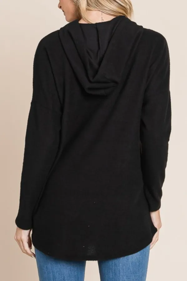 Refined Drawstring Long-Sleeve Drop-Shoulder Knit Hoodie