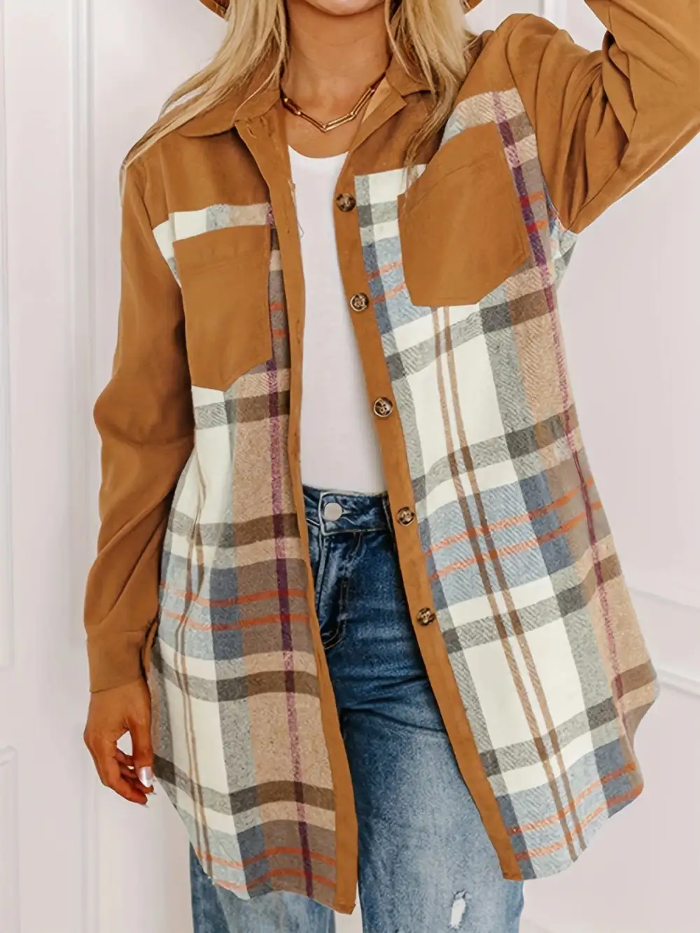 Refined Collared Plaid Pocketed Jacket