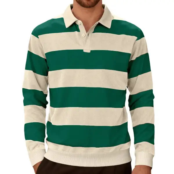 Men's Striped Rugby Polo With A Classic Collar Two-button Placket And Ribbed Hem