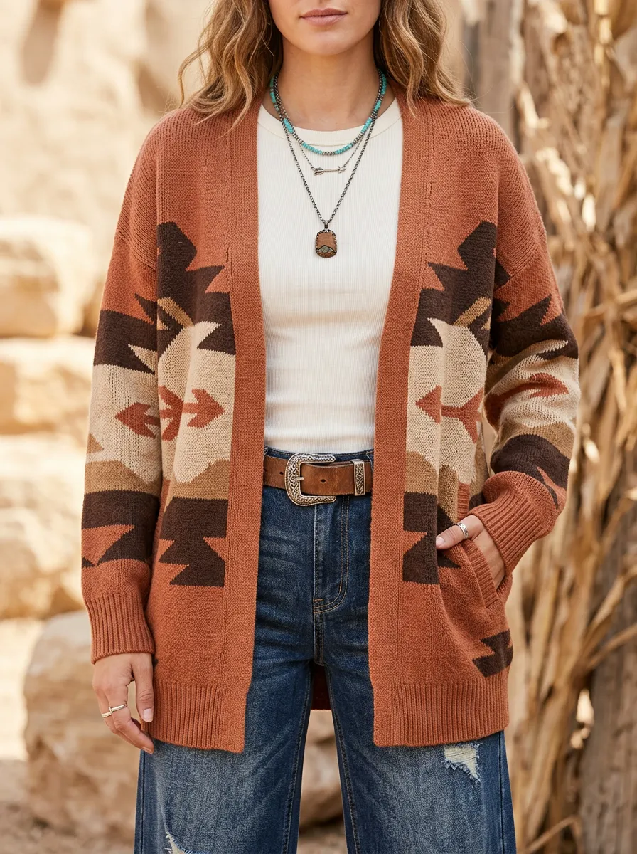 Women's Western B3 Geometric Pattern Knitted Cardigan