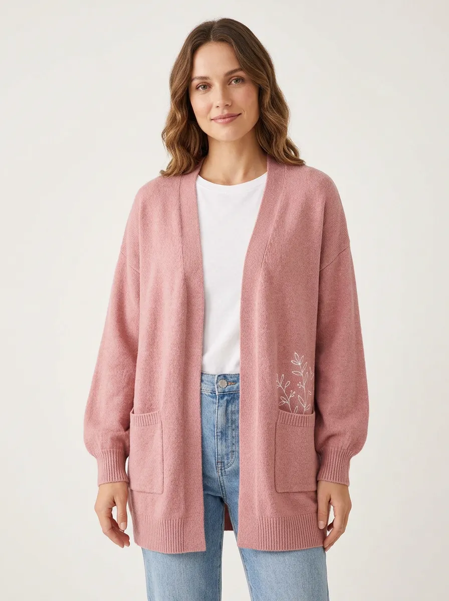 Pink Floral Line Art Print Cardigan