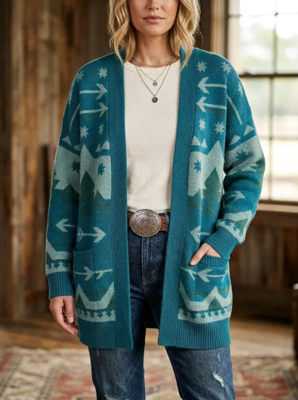 Women's Western Aztec Arrow Geometric Printed Cardigan Sweater