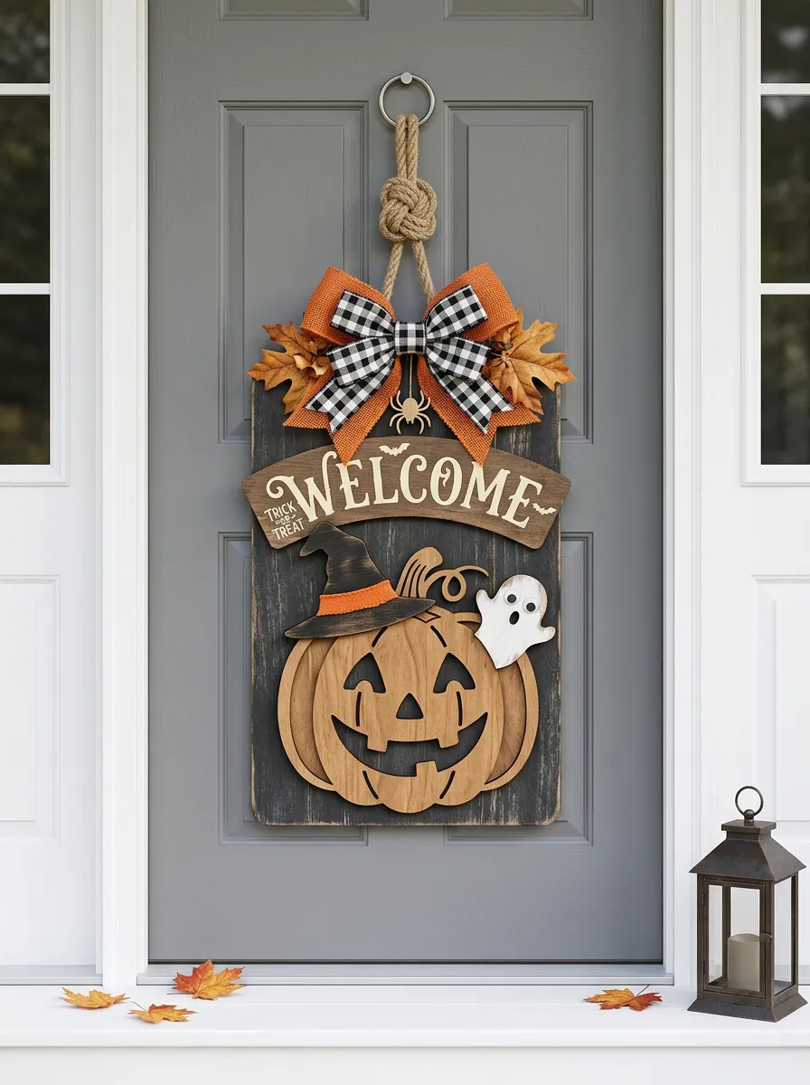 Halloween Pumpkin Ghost Welcome Hanging Door Sign