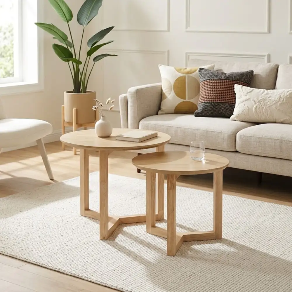 Round Wood Leg Coffee Table Set