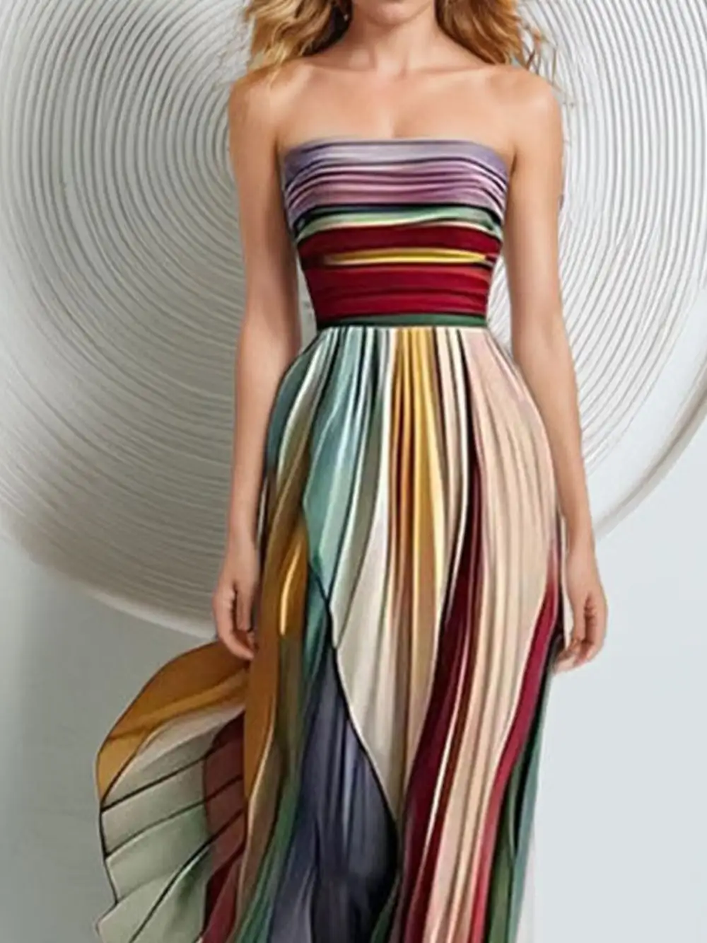 Pleated Strapless Striped Maxi Dress